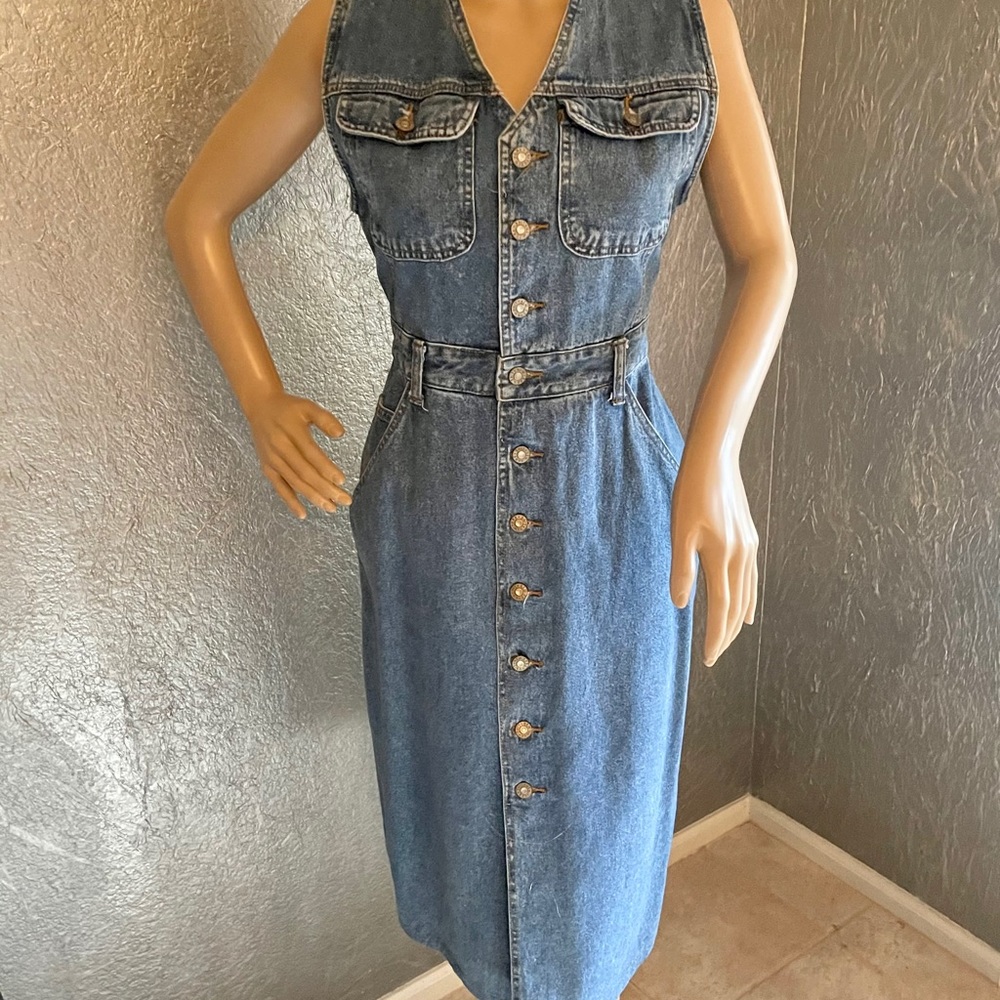Vintage Legendary Worker V neck denim midi dress